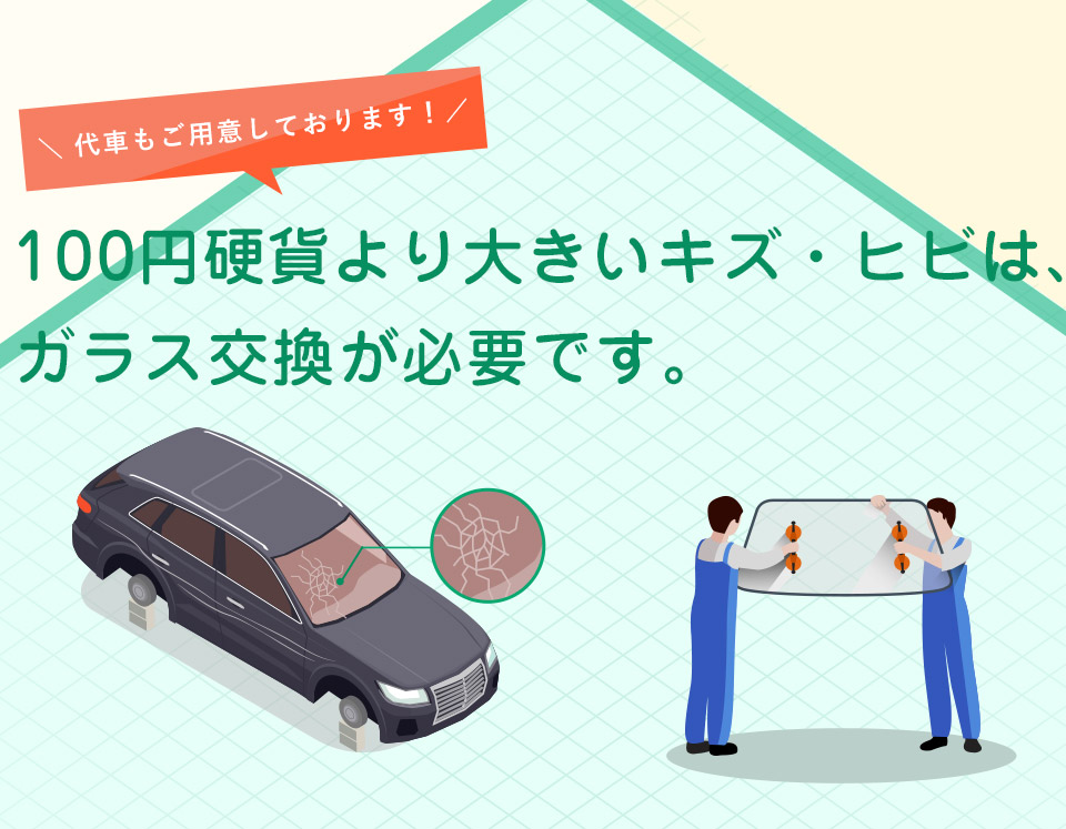 100円硬貨より大きいキズ・ヒビは、 ガラス交換が必要です。